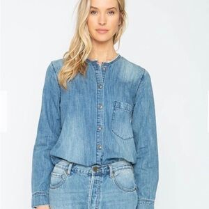 Free People × Sandrine Rose Women’s Mandarin Denim Shirt NWT Size L | MSRP $249